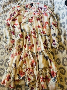 Floral Tiered Chiffon Dress in Cream with Pink & Purple Blooms